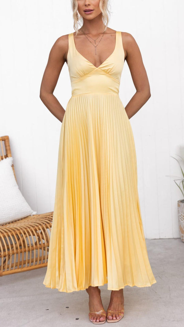 Lea | Gelbes Plissiertes Maxikleid mit V-Ausschnitt