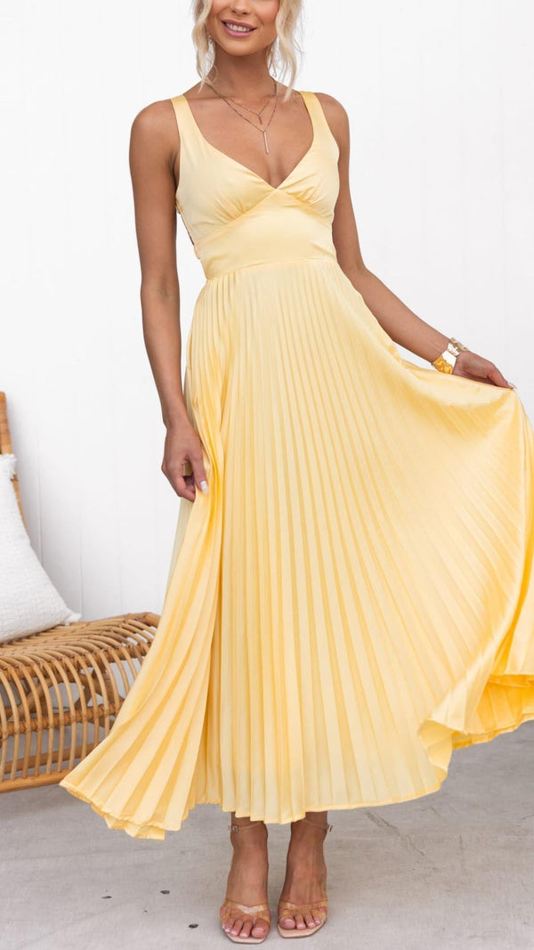 Lea | Gelbes Plissiertes Maxikleid mit V-Ausschnitt